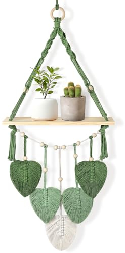 Betylifoy Wandregal Holz Regal Wand Makramee Wanddeko Boho Blatt Wandbehang Regal Pflanzen Hängeregal für Schlafzimmer Wohnzimme Balkon Badezimmer