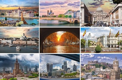 Set di cartoline città in Europa: 9 biglietti individuali - motivo: Roma Edimburgo Parigi Budapest Helsinki Varsavia Madrid - foto/immagini/souvenir