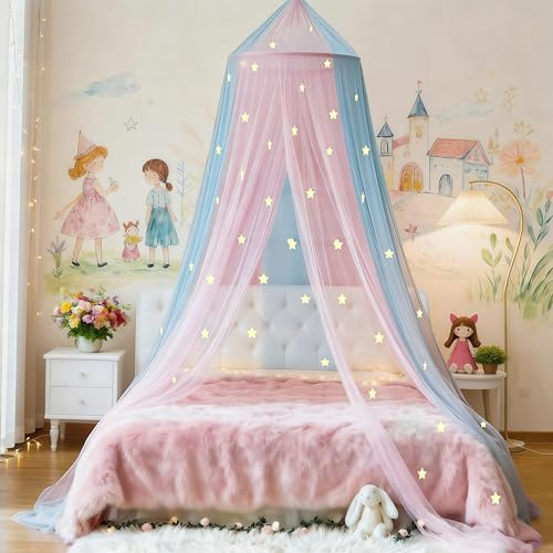 Eimilaly Two-tone Bed Canopy Glow in the Dark Pink Blue, Mosquito Net Bed Canopy for Girls Room Decor, Single Door