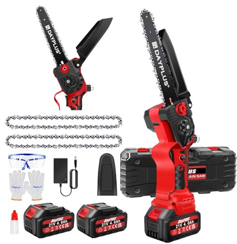 VickyHome Cordless Chainsaw Mini 8 Inch, Brushless Motor Electric Power Saw Portable Hand Saw with 2 * 4000mAh Lithium Battery, Fast Charger, 2 Chains for Tree Pruning, Wood Cutting