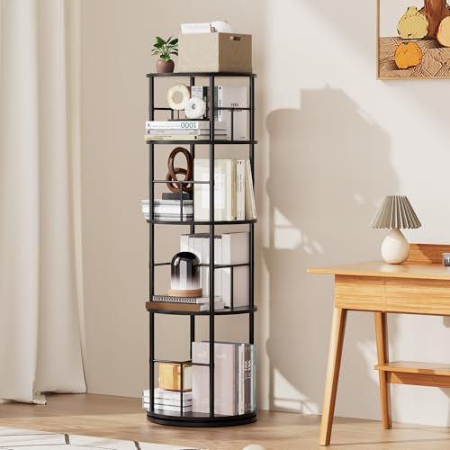 360° Drehbares Bücherregal, Rotating Bookshelf Aus Holz, Bookcase Mit 4 Ebenen, Bodenstehendes Bücherschrank Verstellbare Ebenen, Standregal,Für Schlafzimmer, Wohnzimmer, Büro, Schwarz