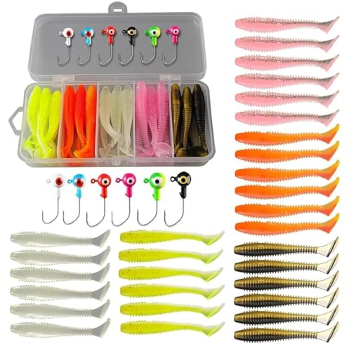 Yuiturt 36 Pcs Fishing Lures Kit with Heads & Hooks, Soft Plastic Grubs for Bass, Crappie, Trout, Perch, Freshwater & Saltwater Fishing, Artificial Soft Lures and Fishing Hooks