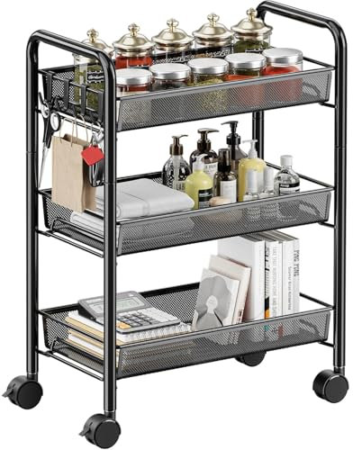 Minicoco Kitchen Storage Carts Rolling Cart Metal Kitchen Trolley On Wheels Kitchen Trolley Utility Cart for Kitchen Laundry Bathroom Easy Assemble (Black)