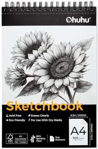Ohuhu A4 Skizzenbuch aus Bambusfaser, 100 Blatt (200 Seiten) - Abriebfest & Radierfreundlich, Spiralbindung oben, 110 g/m² säurefrei, Zeichenblock für Bleistift, Buntstift, Kohle