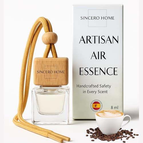 Sincero Home – Ambientador de coche hecho a mano, aromaterapia ecológica con tapa de madera y frasco de vidrio – Fragancias naturales y duraderas para coche y hogar (Café)