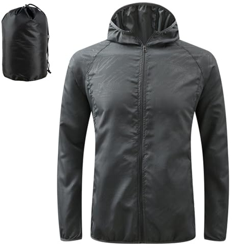 JiaYouLC Men's Packable Lightweight Waterproof Jacket No Pocket Hooded Raincoat in a Bag Sun Protection Windproof Rain Jacket (UK, Alpha, L, Regular, Regular, Black)