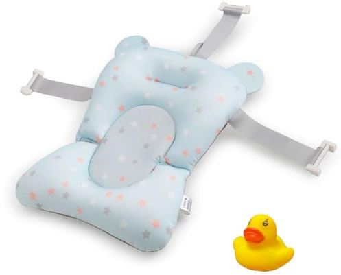 BATHBY | Cojín para Bañera de Bebé – Soporte Recién Nacido, Asiento Ergonómico, Ajustable y Portátil con Malla Antideslizante, Almohada Reductora, Hamaca de Ducha + Patito de Goma (Azul Estrellas)