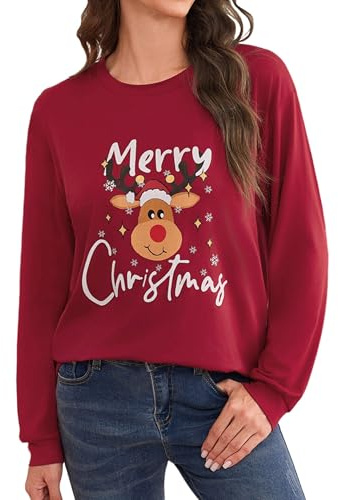 Terecey Sudadera de Navidad Mujer con Estampado de Reno Merry Christmas Camiseta de Manga Larga Casual y Cálida Ropa Invierno Mujer Regalo Original para Fiestas