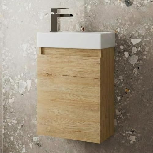 Artis® Centro 400mm Bathroom Vanity Unit Ceramic Basin Sink, Cloakroom Storage Furniture Cabinet, Wall Hung Cupboard Soft Close Door, Oak