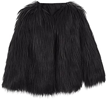 Girls Faux Fur Jacket Kids Fluffy Sherpa Coat Long Sleeve Thick Warm Cardigan Plain Soft Cardigan Windproof Coat Solid Color Furry Thermal Casual Outwear (Black, 6-7 Years)