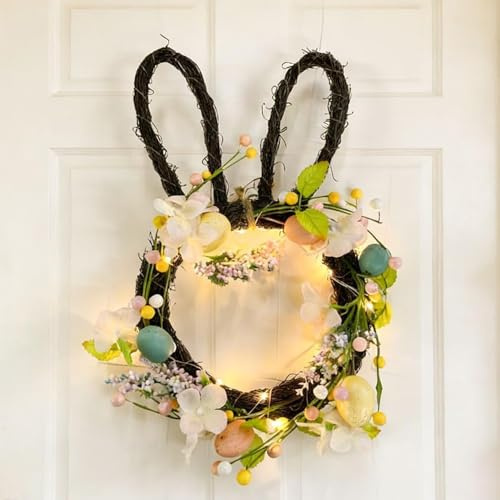 WRQIOO Corona de Pascua, 40 x 23 cm, corona de conejo de Pascua para puerta delantera, corona de huevo Ea-ster con 15 LED para decoraciones de primavera al aire libre