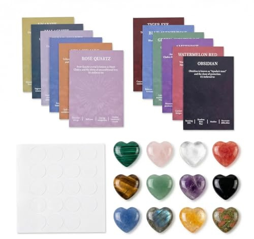 Lot de 12 Pierre Precieuse avec Cartes de Vœux Pierres Thérapeutiques Cristal en Forme Coeur Naturelles Colorées Pierre Porte Bonheur Pierre Lithothérapie Petit Cadeau pour Méditation et Décoration de