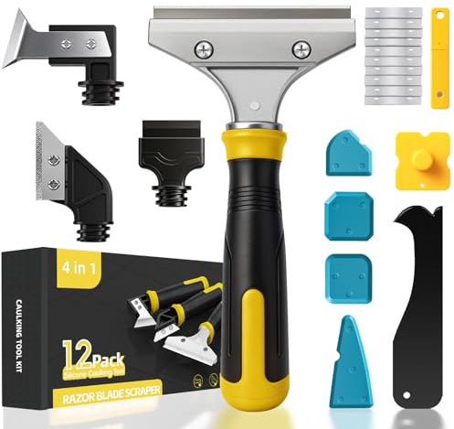 Caulking Tool Kit Silicone Sealant Remover Grout Removal Tool with 4 Multi Angle Smoothing Tool, Stainless Steel Scraper Sealant Finishing Tool for Bathroom Kitchen Tile Joints Window Sink - Yellow