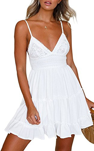 Ecowish Robe d'été pour Femme Robe en Dentelle avec décolleté en V, Fines Bretelles et Dos Nu Robe de Plage Blanc - Blanc - Medium