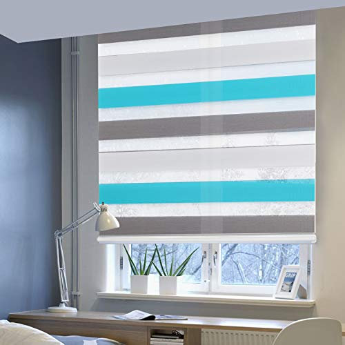 Laneetal Doppelrollo ohne Bohren Klemmfix, Duo Rollo Seitenzugrollo mit Klämmträgern, Sicht und Sonnenschutz für Fenster Tür Wand, lichtdurchlässig u. Verdunkelnd (Weiß+Grau+Türkis, 45 x 150 cm)