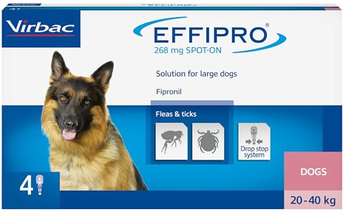 Virbac Effipro Dog Flea & Tick Treatment - Large Dogs 20-40kg - 4 Pipettes | Vet-strength fipronil spot-on; kills fleas in 24hr, ticks in 48hr; up to 5 weeks' protection; large dogs 20-40kg