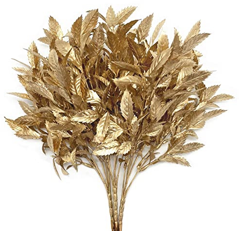 PASYOU Artificial Golden Plants, Fake Foliage Shrubs Decor Plastic Faux Plant for Indoor Outdoor Home Garden Office Party Hall Verandah Wedding DIY Christmas Decoration Gold Leaves Bundles - 3 Pack
