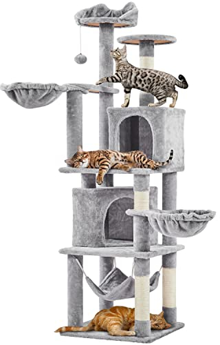 Yaheetech Arbre à Chat Géant Hauteur 175 cm avec 2 Plate-Formes Perchés 2 Paniers 2 Condos en Peluche Cordes en Sisal Gris Clair