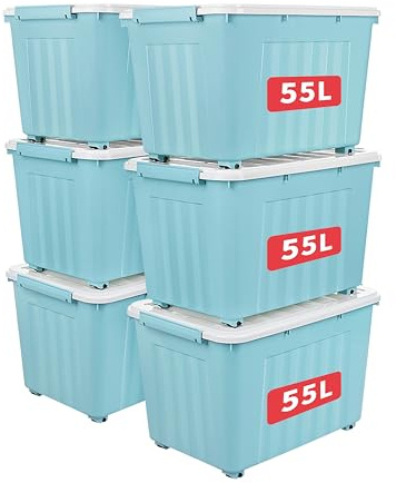 Cetomo 55L*6 Cajas de Almacenamiento con Tapas, Contenedores de Plástico con Ruedas, Clip On, Apilables, Encajables, Organizador Rayado para Oficina en Casa, Azul, 55L-6 Pack