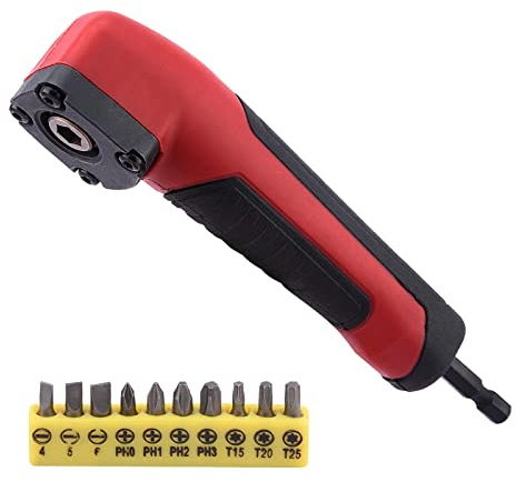 Schlagfeste rechtwinklige Befestigung Winkelaufsatz 11-teilig 90° Winkelaufsatz inkl. 10 Extreme Impact Torsion Bits Winkelvorsatz Rechtwinkliger Bohreradapter(Rot)