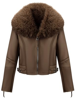Geschallino Mujeres de imitación de cuero de gamuza Chaqueta Sherpa-Lined Invierno cálido abrigo de motorista con cuello de piel