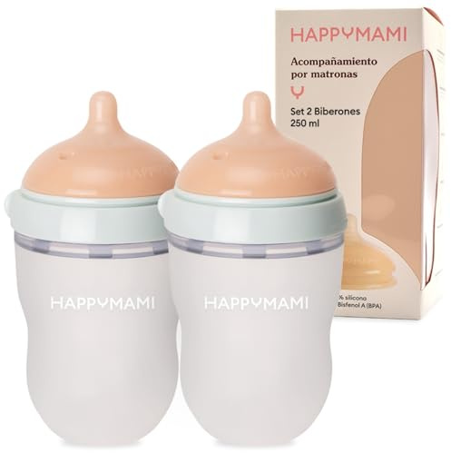 HappyMami - Set de 2 Biberons 250ml en Forme de Sein, Idée Cadeau Noël Bébé, Tétine en Silicone de Grade alimentaire, Double Système Anti-Colique, sans BPA