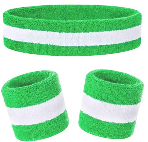 Kids Sweatbands Headband Wristband Set - Athletic Cotton Sweat Band for Sports - Ultimate Sweat-Absorbing 3-piece Set (1 Headband + 2 Wristbands) (Green+White)