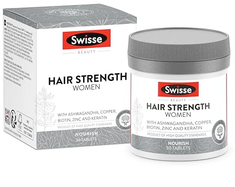 SWISSE Fuerza del Cabello Mujeres - Suplemento con Biotina para el Cabello Mujer con Zinc y Cobre, Complemento con Keratina con Acción Fortalecedora y Tónica-Adaptógena, 30 Comprimidos - Made in Italy