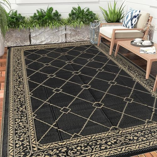 Enyhom Groß Outdoor Teppich 240 x 300 cm, Wendbarer RV Camping Außenteppich, Strapazierfähiger Kunststoff Flachgewebe Picknickdecke, Recycelter Wasserdicht Tragbar Balkonteppich für Terrassen Eingang