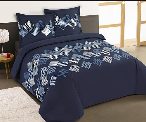 Vision - Parure de lit Nora - 100% Coton - Bleu - Set de Housse de Couette 240x220 cm avec 2 taies d'oreiller pour lit Standard 2 Personnes - Fibres Naturelles - Oekotex