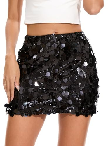 WERFORU Sequin Skirt Women Stretchy Sparkly Glitter Shiny Mini Skirt for Party Black