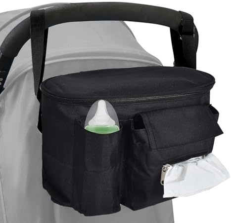 Universal Baby Stroller Organizer with Insulated Cup Holder & Adjustable Straps Pram Bag for Buggy Handlebar Fits Most Strollers (Black)