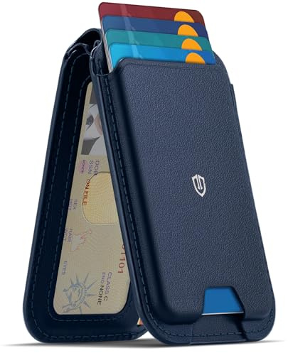 SHIELDON Tarjetero de Cuero Genuino, Cartera Magnética [Bloqueo RFID][Soporte Ajustable][Ranura para Tarjeta] Leather Wallet Card Holder para iPhone Serie 17/16/15/14/13/12, No para Mini - Azul Marino