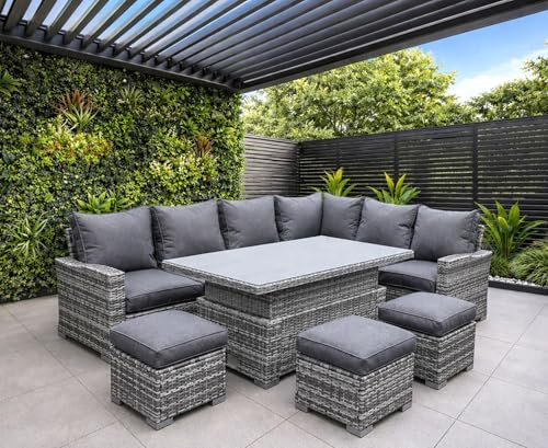 9 Seater Rattan Garden Furniture Set with Rising Table - Left or Right Hand Outdoor Furniture Rattan Corner Sofa Garden Patio Sets - FREE COVER INCLUDED (Dark Grey, Left/Right Hand Configurable)