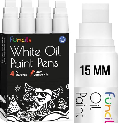15mm Jumbo Lackstift Weiß – Ölstift Paint Pen, Permanent Marker Wasserfest, Reifenstift Weis Wasserfest, Textilstifte Weiß für Metall, Stoff, Glas, Möbel, Holz & Kunststoff – Weißer Stift (4er Pack)
