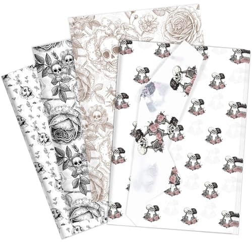 Larcenciel Papel de Seda con Calaveras y Rosas, 60 Hojas Floral Papel Seda para Envolver, Embalaje Regalo Negro, Blanco y Marrón para Halloween, Año Nuevo, Día de los Muertos, Fiesta, DIY, 50x35CM