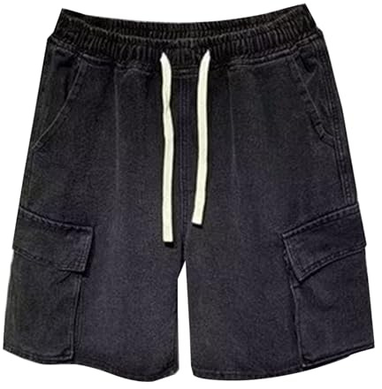 Genérico Pantalones Cortos Cargo Vaqueros Hombre, Pantalon Corto Hombre Vaquero con Múltiples Bolsillos Cuerda De Bombeo Retro Pantalón Corto Transpirable Holgados Color Sólido Cómodo Shorts