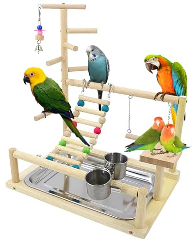 Parco giochi per uccelli, parco giochi per pappagalli con alimentatore e vassoio, giocattolo per pappagalli in legno, 44 x 37 x 26 cm