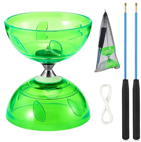 WDKXCN Diabolo avec Roulement à Billes, Kit de Jonglerie avec Lumière LED et Baguettes Manuelles, Kit de Jonglage en Caoutchouc Souple Transparent avec Cordon de Rechange et Sac, Vert