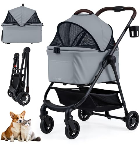 COSTWAY Carrito para Perros 3 en 1, Cochecito para Perros Plegable con Transportín Desmontable, Toldo de Malla Ajustable, Cesta, Portavasos, Carro para Perro, Gato, Carga 15 kg, 76x53x100 cm (Gris)