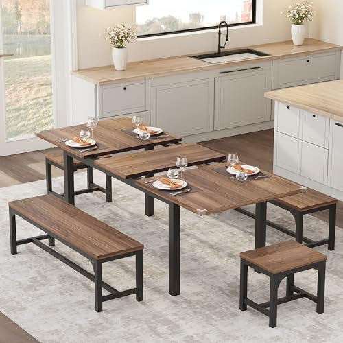 Niwugady Essgruppe Ausziehbarer Esstisch mit 2 Bänken & 2 Stühlen Set für 4–8 Personen, Esszimmertisch mit Eisenbeinen, Esstisch 120-160 x 77 x 70 cm, Küchenmöbel, Esszimmermöbel
