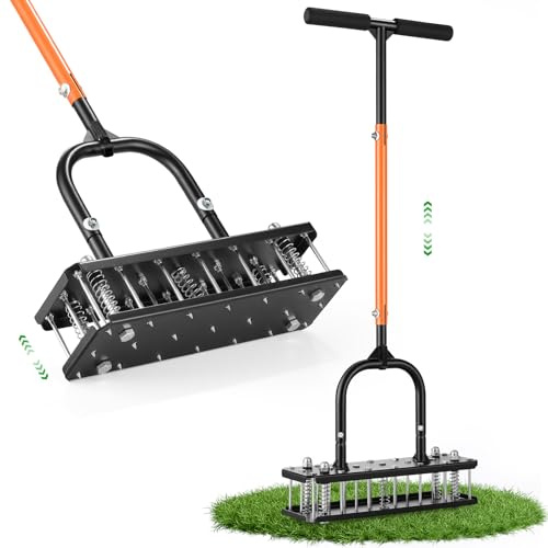 Myrvok Lawn Aerator, 21 Pre-Assembled Metal Spikes, Automatic Dirt & Leaves Clean, Ergonomic Design, Soil Lawn Aerating Tools for Yard Lawn and Garden, Lawn Aerator Spikes aerating Tool