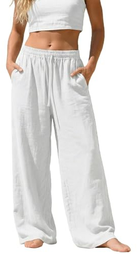 Pantalon Lin Femme été Léger Large Pantalons Chic Elegant avec Poches Grande Taille Linen Pants Women de Plage en Coton Fluide Décontracté Blanc Mode Vêtements Confortable Ample