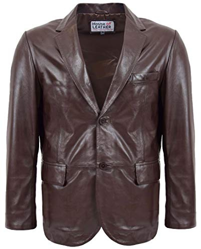 Mens Real Leather Blazer Two Button Jacket Zavi (M, Brown)