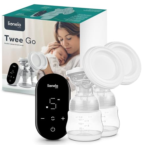 LIONELO TWEE GO elektrische Doppelmilchpumpe mit zweiphasiger Abpumptechnologie, tragbar und kompakt, 9 Saugstufen, 5 Massagestufen, extrem leiser Betrieb, LED-Anzeige
