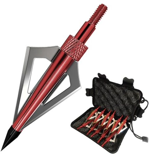 e5e10 12pcs Archery Broadheads 3 Fixed Steel Blade 125 Grain Hunting Arrowheads Fit for Compound Bow and Crossbow with One Black Plastic Portable Broadheads Case (Red)
