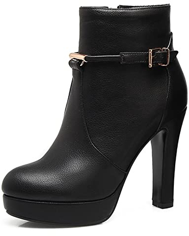 Bviennic Femmes Bout Rond Elegant Plateforme Bloc Bottillons Soirée Robe Hiver Mode Talons Hauts Bottillons Boucle Noir Taille 36 Eu