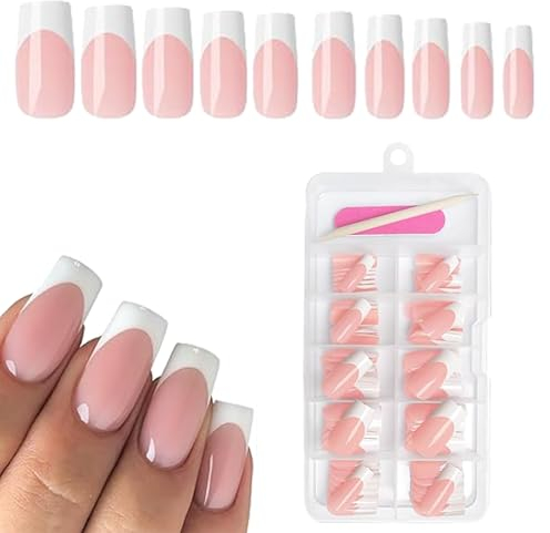 Goiern 120 pcs White French Tip Press on Nail Medium Square Faux Nails Nude Faux Nail Square French Press ons