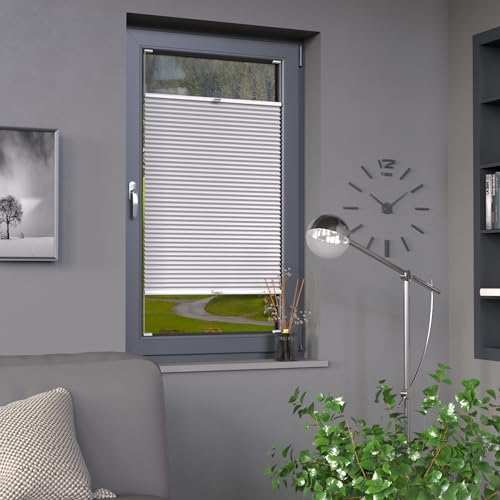Deco-Raum Plissee auf Maß für alle Fenster innen, Montage in Glasleiste mit Spannschuh, Plissee mit Bohren Faltrollo Sichtschutz und Sonnenschutz Farbe Weiß B:30-40 cm, H: 40-100 cm