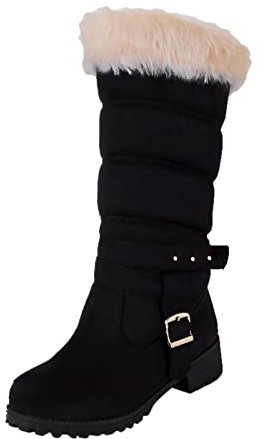 Dicke Stiefel Fersenstiefel Mode Gürtel Warme Schnalle Damen Schnee Mid- Damenstiefel Hub Schuhe Damen Gefüttert (Black, 38)